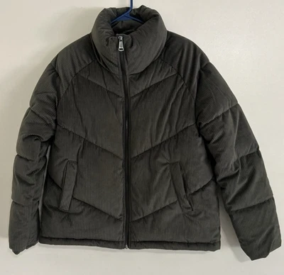 Vero Moda Women's Large Ribbed Corduroy Zip-Up Puffer Jacket Olive Green - Image 1 of 4