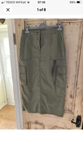 Cargo Utility Midi Skirt TU 14 Khaki Side Pockets Back Split Zip Up Long New - Picture 1 of 8