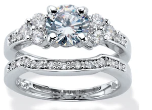 ROUND CZ ACCENTS BRIDAL 2 RING SET BAND PLATINUM STERLING SILVER 5 6 7 8 9 10 - Picture 1 of 2