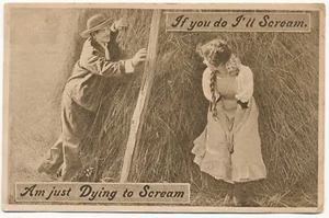 Tarjeta postal de humor cómic If You Do I'll Scream Farm Boy Chases Girl Behind Paystack - Imagen 1 de 2