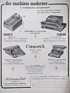 PUBLICITÉ PRESSE 1929 LA COMPAGNIE REAL CORONA MACHINES A CALCULER HAMANN BARETT - Imagen 1 de 1