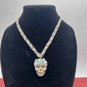 NEW BETSEY JOHNSON Bejeweled Rose Crown SUGAR SKULL Ribbon Weaved NECKLACE - Picture 1 of 7