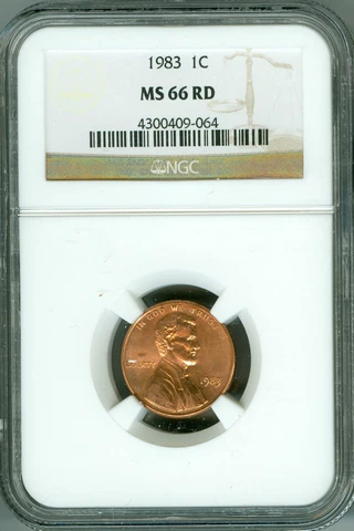 1983 NGC MS66 RD LINCOLN CENT, BUSINESS, GOOD CHERRY COLOR AND BRIGHT LUSTER! Cover