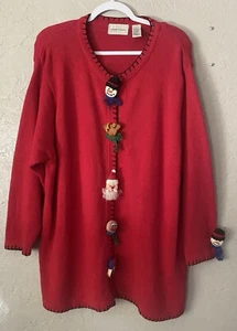 Lemon Grass Red Embroidered Christmas Holiday Cardigan Knit Sweater Size 2X - Picture 1 of 13