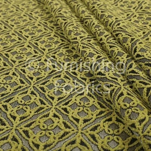 Modern Small Medallion Geometric Pattern Green Silver Shine Upholstery Fabric - Picture 1 of 5