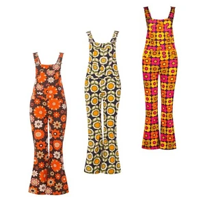 NUEVO PARA MUJER MADCAP RETRO AÑOS 70 DUNGAREES ACAMPANADOS FLORALES Pechera Brotes Celandine MC1018 - Imagen 1 de 14
