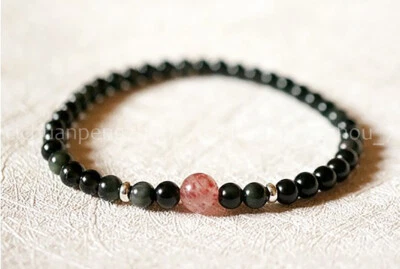 Brazalete elástico con cuentas redondas de cuarzo fresa y obsidiana negra de 6 mm de 7,5"" Foto 1 de 3