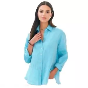 NWT UNTUCKIT Women's 100% Linen Long Sleeve Button Down Shirt in Aqua Size 10 - Picture 1 of 8