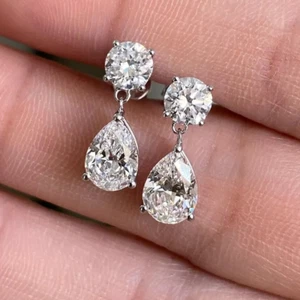 2.52 TCW Pear & Round Moissanite Dangle Drop Earring in 14k White Gold Plated - Picture 1 of 8