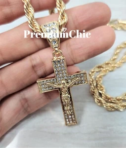 ICED Jesus Cross Pendant Necklace Choker with Rope Chain Mens Plated CZ Jewelry - Picture 1 of 10