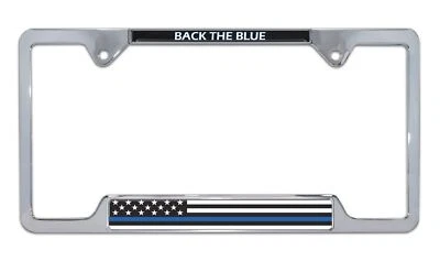Police Thin Blue Line Flag "Back the Blue" Open Chrome Metal License Plate Frame - Image 1 of 2