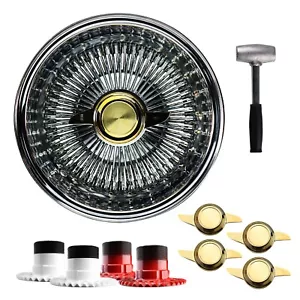14x7 Rev 100 Spoke Straight Lace Lowrider Wire Wheels, 2 Bar Cut Gold Caps, Set - Picture 1 of 95