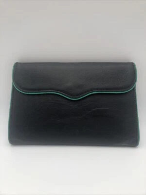 Cartera Rebecca Minkoff 7,5” X 5” triple pliegue cuero negro verde con acento de tuberías Foto 1 de 4
