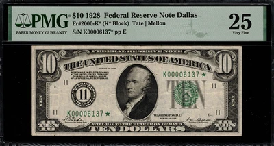 1928 $10 Federal Reserve Note Dallas FR-2000-K* - Star Note - PMG 25 - Image 1 of 2