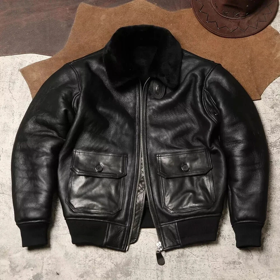 Men’s Bomber Jacket Genuine Leather Genuine Fur Retro Warm Black Coat Style - Image 1 of 4