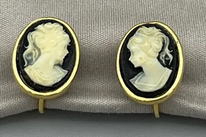 Vintage Goldette Clip-On Earrings | Victorian Revival Cameo | 1960s Gold Tone - Picture 1 of 15