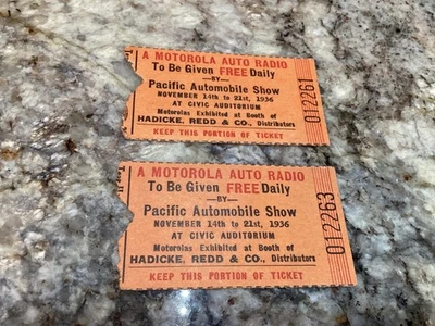 Vintage 1936 Raffle Tickets 2 by The Pacific Automobile Show for aMotorola Auto - Image 1 of 2