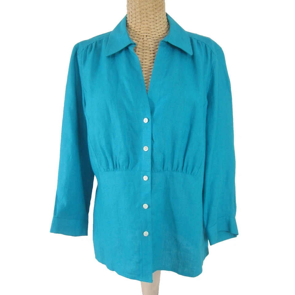 Новый Talbots женщин 12 бирюзовый синий ирландский льняной завышенной талии 3/4 рукав рубашка - Изображение 1 из 4