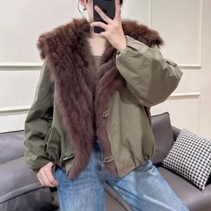 New Parka Suit Navy Collar Jacket Womens Short Goose Down Real Fur Fox Fur Coat - Picture 1 of 19