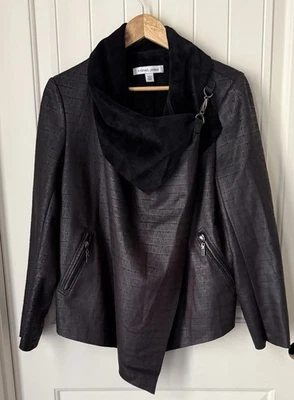 TRIBAL JEANS Faux Suede Jacket Women Black Sz L Draped Moto Biker Modernist - Image 1 of 4