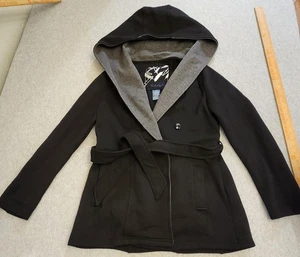 Sebby Jacket Womens Medium Black Gray Hooded Belted Wrap Double Snap Buttons - Picture 1 of 15