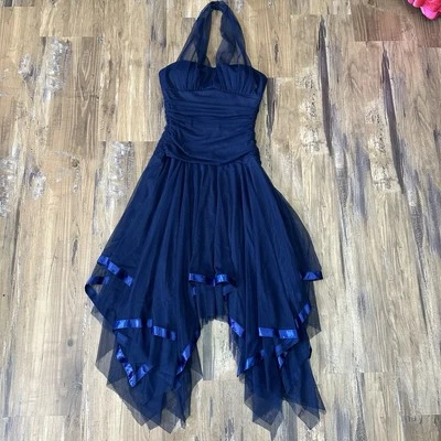 Vestido de graduación formal asimétrico de malla de tul azul marino años 2000 Y2K de colección  Foto 1 de 4