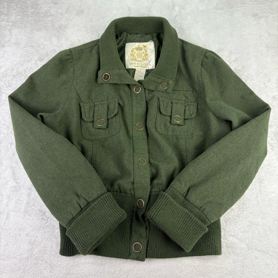 Chaqueta Corta Militar Wet Seal Y2K L Lana Verde Ejército Cierre a Presión De Colección Grunge Foto 1 de 4