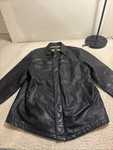 DOCKERS VINTAGE Black Leather L Mens Lined Zip Coat Jacket Pockets Heavy FLAWS - Picture 1 of 24