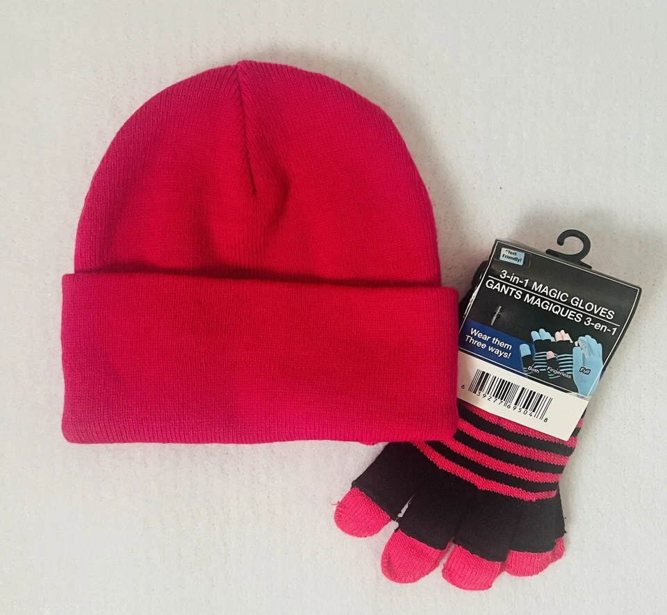 Девочек молодежи один размер розовый Beanie шляпа с соответствующими перчатками - Изображение 1 из 1