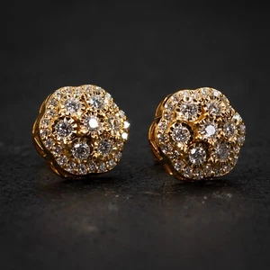 Large VVS Lab Grown Diamond Yellow Gold 14K Flower Cluster 0.80Ct Stud Earrings - Picture 1 of 7