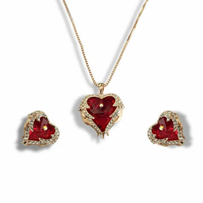 Rose Gold Finish Ruby Heart Cut Wings Created Diamond Necklace And Earrings - Image 1 of 4