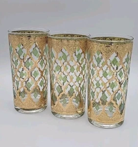 3 Culver Signed Valencia MCM Green 22K Gold Filigree Highball Glasses Tumblers - Picture 1 of 5