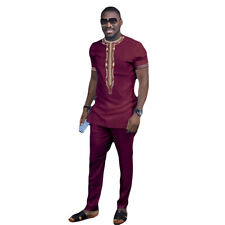HD African Clothing For Men Short Sleeve 2 Pieces Sets Ankara Outfit Embroidery