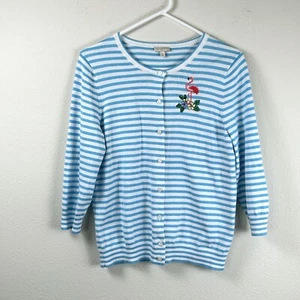 Talbots Cardigan Sweater Petite M MP Blue White Striped Embroidered Flamingo - Picture 1 of 10