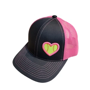 Women's Softball Logo Pink Heart Love Hat Cap Mesh Trucker Snapback Embroidered - Picture 1 of 1