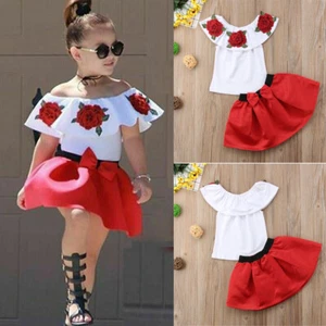 Toddler Girl Flower Off Shoulder Tops T-Shirt Bow Tutu Skirt Dress Outfits - Picture 1 of 8