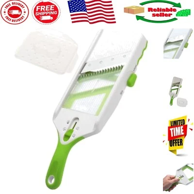 Mandolina compacta blanca y verde con base antideslizante para facilitar el corte de verduras Foto 1 de 4