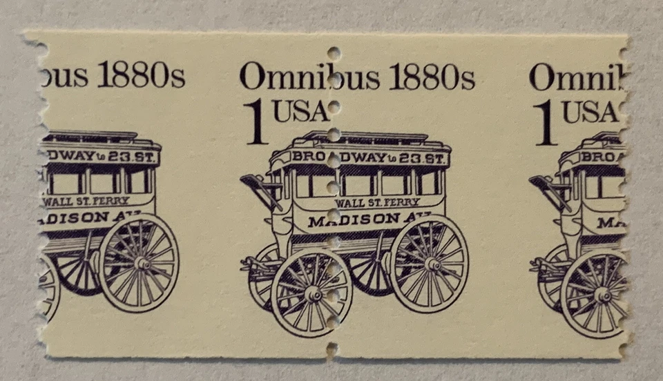 ERROR 1986 PERF SHIFT U.S. STAMP PAIR #2225 TRANSPORTATION OMNIBUS 1880's - Image 1 of 2