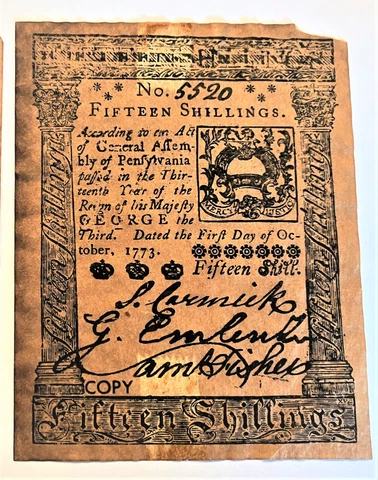 1773 Pennsylvania 15 Shillings Colonial Note On Parchment Paper. Stamped Copy Cover