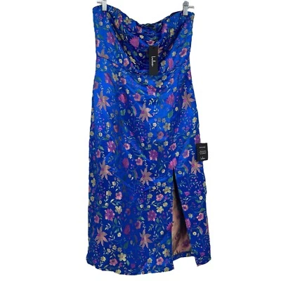 LULUS Make a Move Jacquard Satin Floral Strapless Midi Dress Blue Womens - Image 1 of 4