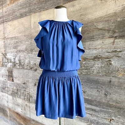NWT Ramy Brook Rembi Mini Dress S Navy Smock Blouson Ruffle Sleeve Goddess Flirt - Image 1 of 4