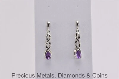 Sterling Silver 35mm x 7mm Crossover Purple Amethyst Post Dangle Earrings - Image 1 of 4