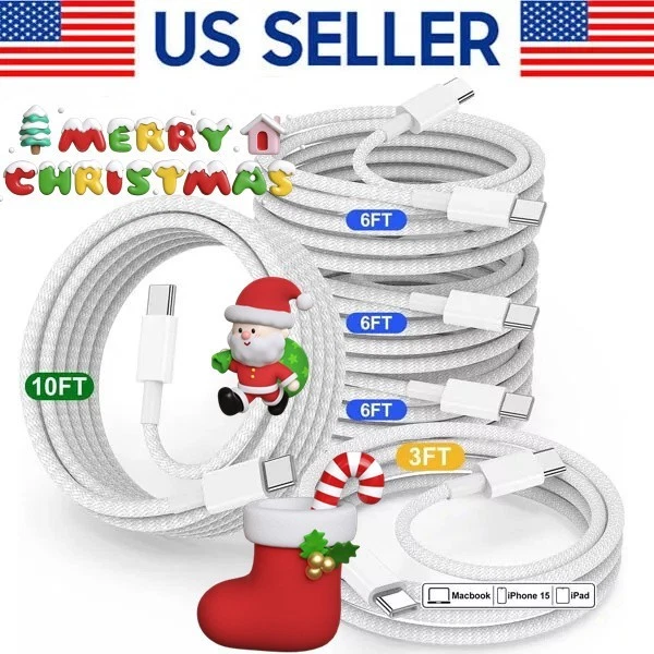 3-Pack Braided TYPE-C to Type-C Fast Charging Data SYNC Charger Cable 3/6/10FT - Image 1 of 4