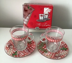 Weihnachten Glas Tassen Untertassen Gingham Stechpalme Weihnachten Stechpalme rot weiß klar - Bild 1 von 24