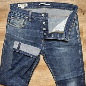 Reiss Selvedge Jeans Men 32x28 Blue Drake Slim Straight Leg Redline Button Fly - Picture 1 of 13