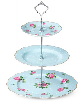 BTaT- Soporte Floral para Pasteles de 3 Niveles, Porcelana, Azul Pastel con Rosas Rosas y Dorado... Foto 1 de 4