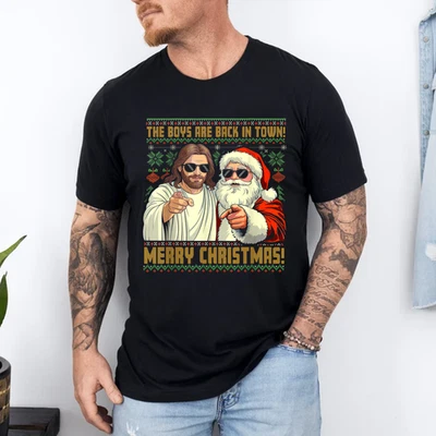 Camiseta Divertida Jesus Santa The Boys are Back in Town Feliz Navidad Foto 1 de 4