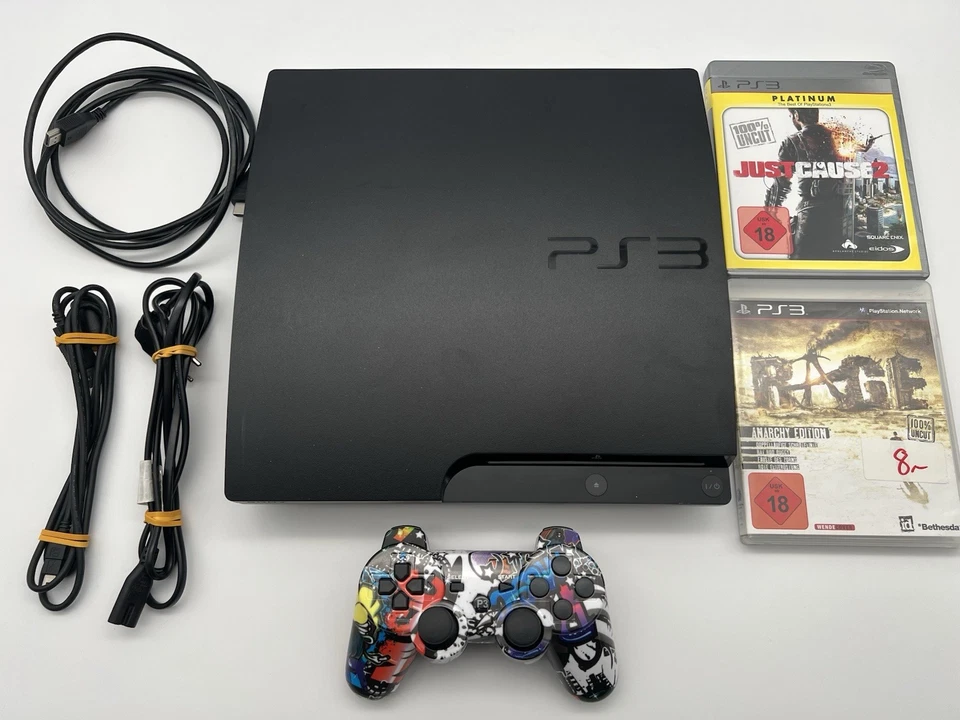 Sony Playstation 3 Slim - 160GB Konsole | Schwarz + 2 Spiele & Kabel | PS3 - Bild 1 von 4