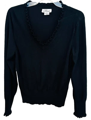 Suéter Chaus Cuello en V Negro Manga Larga Elastizado Volantes Mujer Talla Grande Foto 1 de 4