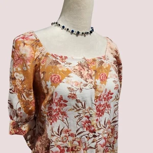 Blusa de otoño floral manga corta abotonada cuello barco Lauren Conrad para mujer talla S - Imagen 1 de 9